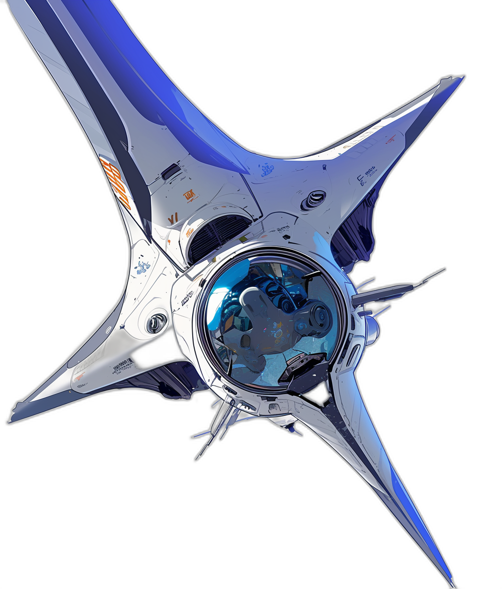 Futuristic space ship with blue and silver colors, a spaceship in the shape of a starfish against a black background. A futuristic spacecraft design with a round glass window at the top center of the sci-fi space vehicle, containing a dark blue liquid inside. In the style of a futuristic art style using blue metal material, presented at a high resolution.