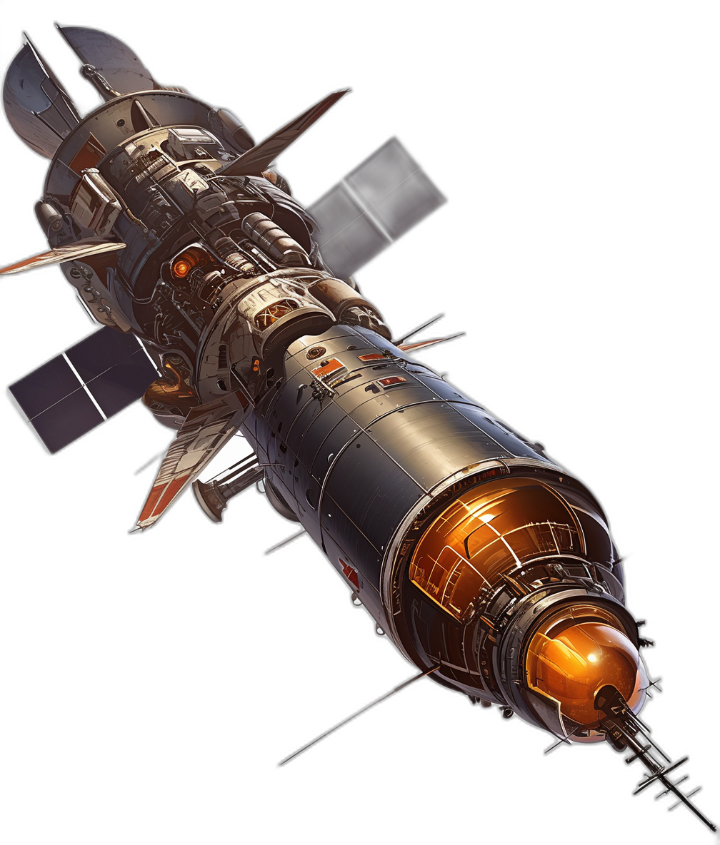 top view of the Russian space station with a large rocket engine, against a black background, in the style of ArtStation, in the styles of [Atey Ghailan](https://goo.gl/search?artist%20Atey%20Ghailan) and [Ashley Wood](https://goo.gl/search?artist%20Ashley%20Wood), 2D game art, anime-inspired character design, closeup, high resolution, hyperrealistic details, clean sharp focus, ultra realistic, dark background, no shadows, isolated on a white background, bright colors, a saturated color scheme, retrofuturism, vintage, detailed artwork, 1980s, 1990s, cyberpunk, anime-style, vector graphics, high detail