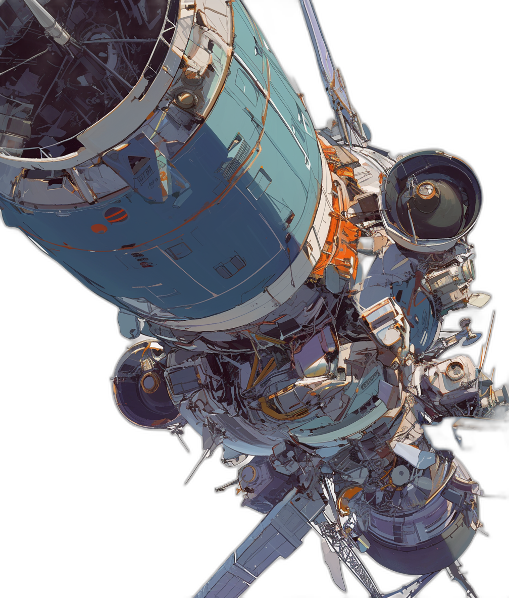 isometric view of the international space station, in the style of [Katsuhiro Otomo](https://goo.gl/search?artist%20Katsuhiro%20Otomo) and [Jean Giraud](https://goo.gl/search?artist%20Jean%20Giraud), blue white orange black palette, black background, concept art, detailed illustration, character design, highly detailed