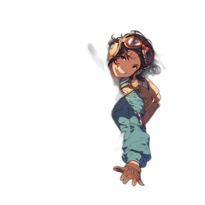 A cute happy girl in profile is dressed as an aviator with goggles on her head and flying gloves, leaning over the edge of a black background. The art style is in the style of anime 2D graphics. She has dark skin color hair and wears blue . In a cartoon style. High resolution.