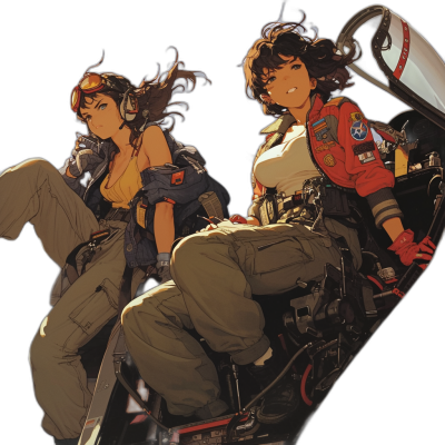 Two young women with short curly hair sitting on the back of an F20 fighter jet. They wear flight suits and red gloves against a black background. The illustration is in the style of [Makoto Shinkai](https://goo.gl/search?artist%20Makoto%20Shinkai)'s anime works.