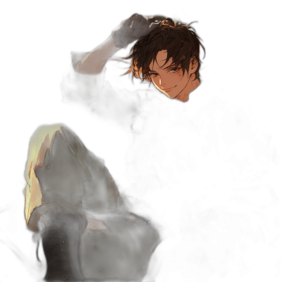 A young man with messy hair, brown eyes and wearing an old tattered cloak is seen from the side. He is holding his head in one hand while looking down at something on top of him, in the style of anime. Dark background, digital art.