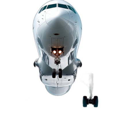 a top down shot of the nose and cockpit, on black background, of an ultra futuristic airbus A380 with two large jet engines visible at its sides, hyper realistic photography, editorial pose