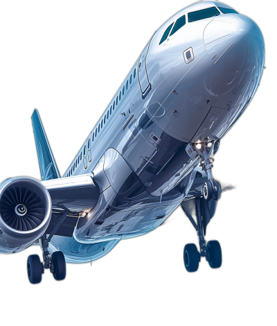 A transparent airplane with an engine on a black background, shown in an isometric view as a 3D rendering in the style of soft gradients of light white and dark blue with translucent layers.