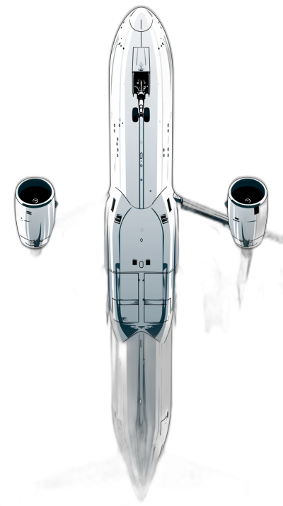 A white glossy space capsule with two large jet engines on the sides, symmetrical composition, black background, top view, product photography in the style of scifi, high resolution, hyperrealistic details, reflection effect, studio lighting, futuristic and technological feel.