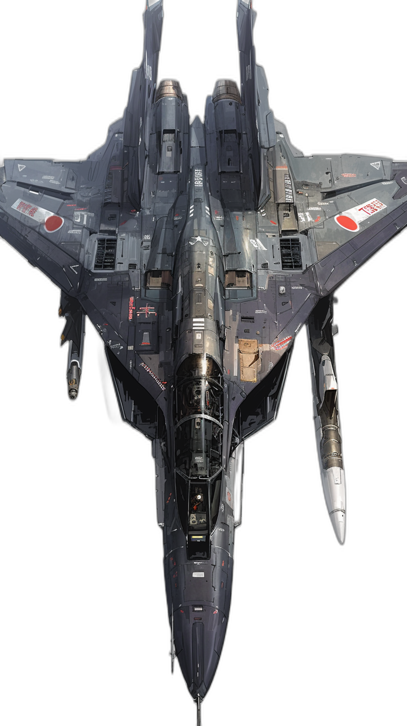 Japanese F2, top view of the plane, background black, concept art in the style of senior character artist for video games, in the style of Charles Hu and Peter Han, sharp focus, studio photography, high resolution, cinematic light