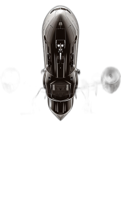 minimalist, black background, symmetrical top down view of the exterior of an electric motorboat in white and chrome colors, centered composition, dark scene, reflection mapping, hyperrealistic details, cinematic lighting, 35mm f/28 prime lens, f/4 aperture setting to keep focus sharp from front to front.