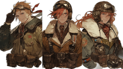 Three character designs of male and female pilot characters from World War One, wearing leather bomber jackets with metal buttons on them and steampunk goggles on their heads, carrying handbags around their necks or shoulders. The designs are in brown tones with white accents and feature red hair. Full body portraits in the style of fantasy anime art on a black background, as part of a concept design sheet.