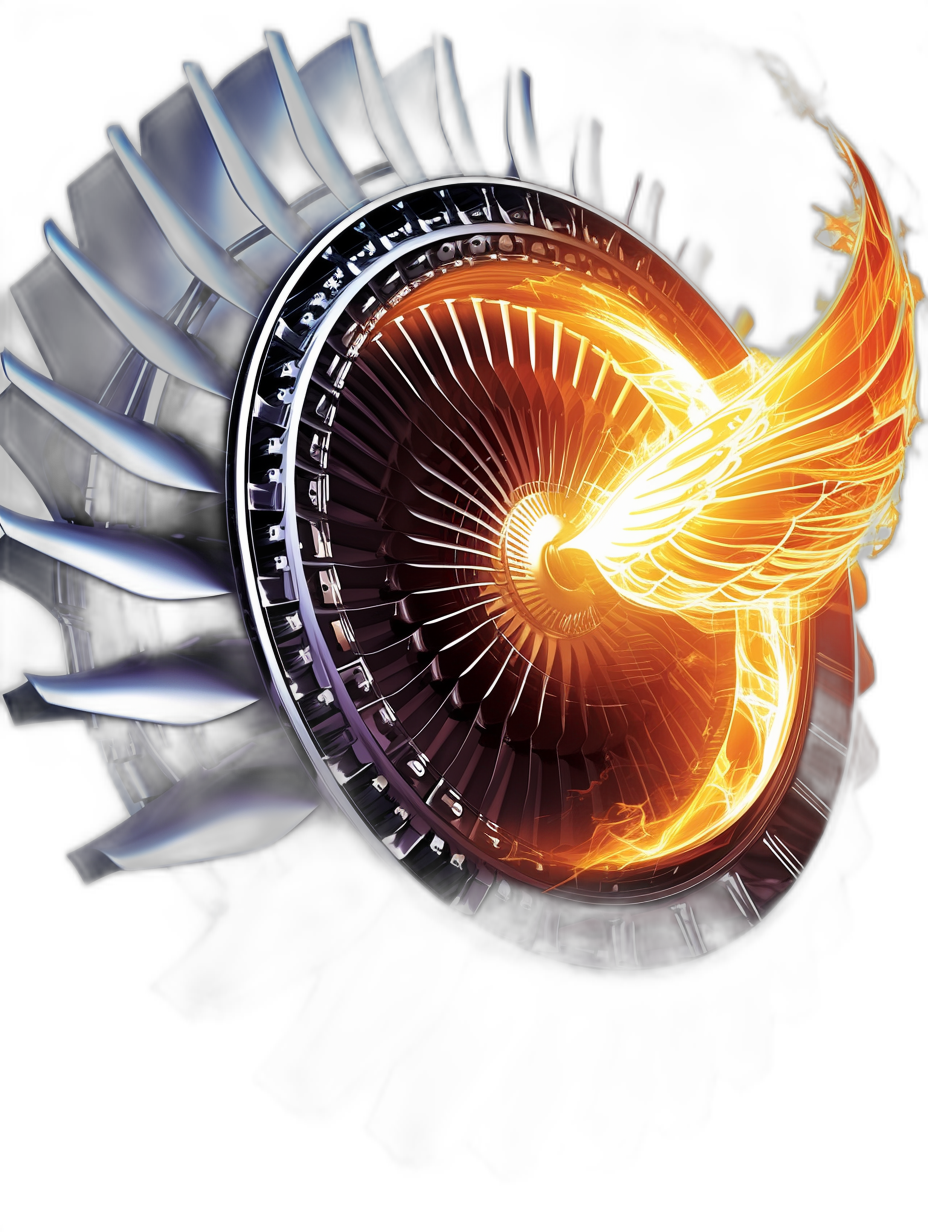 A digital illustration of an aircraft engine with the blades spinning, flames in shape of phoenix bird coming out from inside engine on black background, vector art, logo design, white and orange color scheme, high contrast, dynamic composition, detailed shading, hyperrealistic, hyperdetailed, hyper realistic, hyper detaild, hyper sharp focus