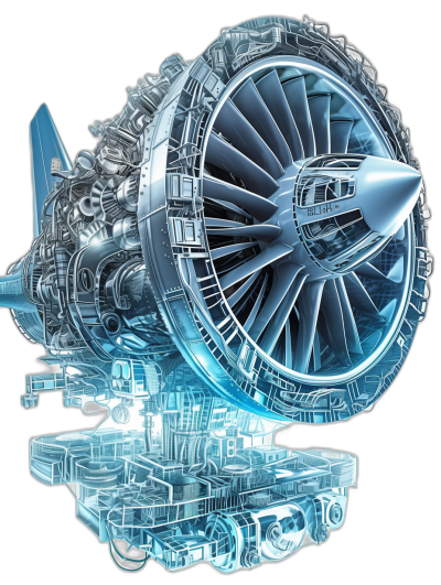 An engine in an airplane, with detailed and clear blue holographic glass texture on the front of it, with a black background. The overall shape is round and symmetrical, with high resolution and high definition details. It has strong threedimensional sense, high contrast between light and dark, bright colors, and white lines that highlight complex mechanical structures. Bright lighting illuminates its delicate textures and intricate designs.,,in