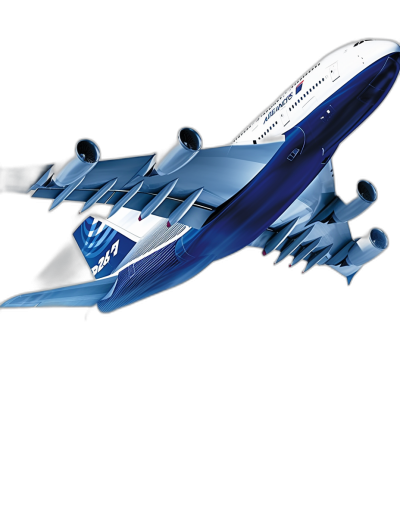 3D vector graphic of a Boeing 748 airplane flying in the air, side view, with a blue and white color scheme on a black background. The graphic is in the style of an illustration.