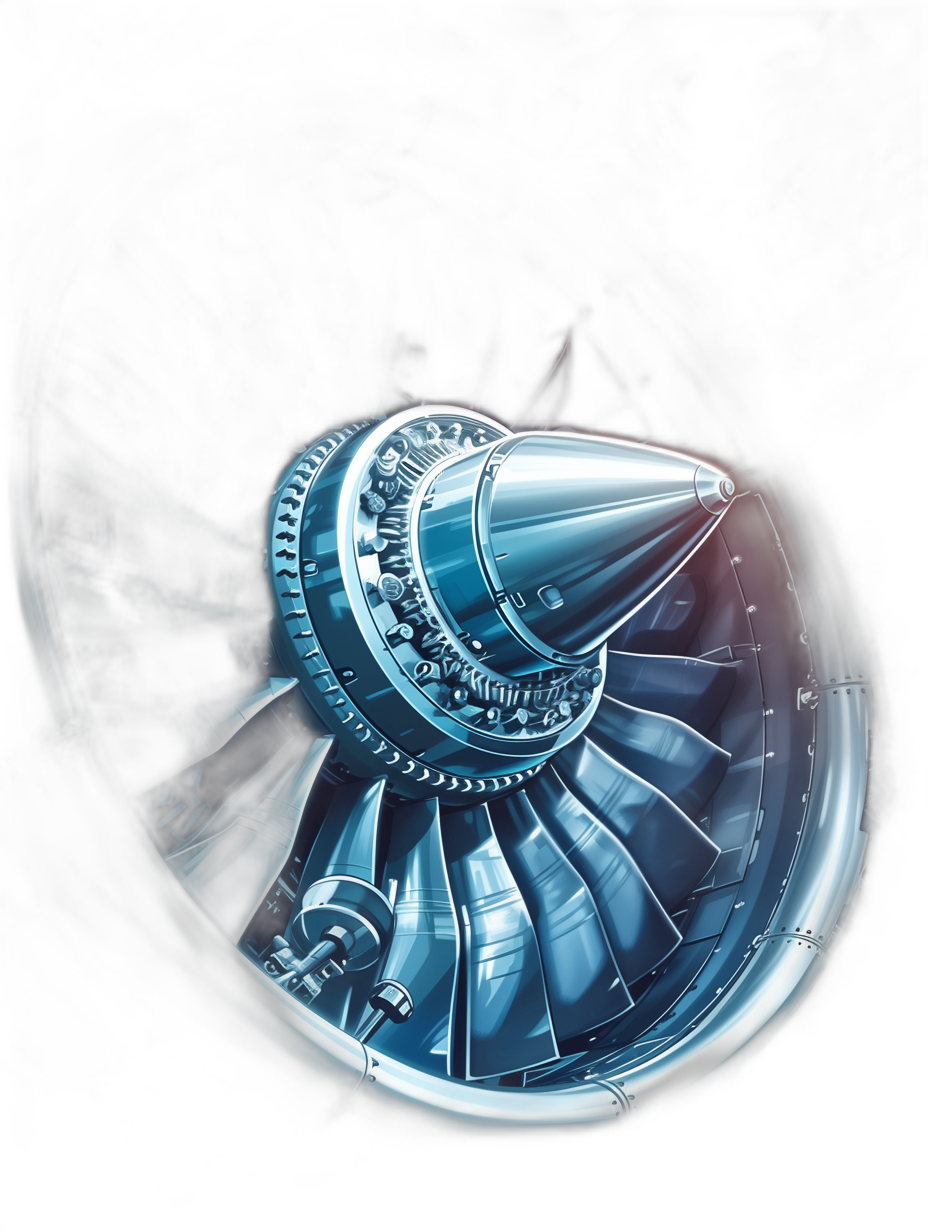 A futuristic engine of an airplane with the camera looking down into it on a black background, hyper realistic photography in the style of unknown.