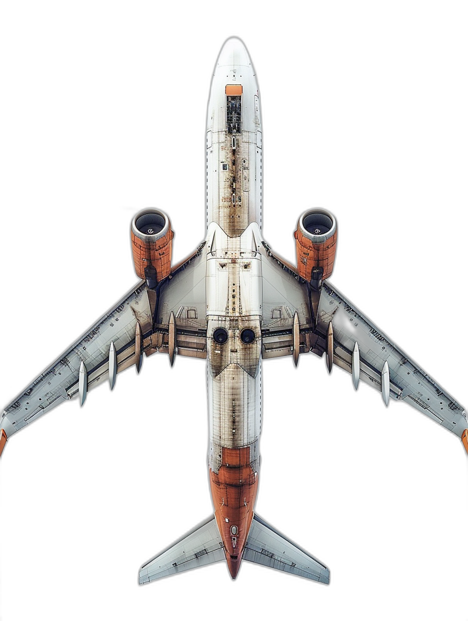 An isometric view of an airplane against a black background in the photorealistic, hyperrealistic style with a white and orange color palette and no shading.