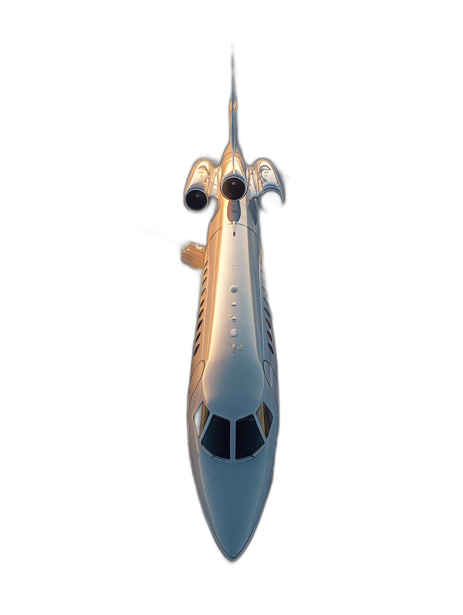 Cinematic shot of a white space shuttle flying on a black background, top view, in an ultra realistic style.