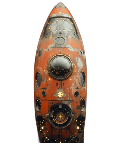 A highly detailed model of an orange and red rocket ship with black background, made from metal and adorned in steampunk style armor, featuring round windows and multiple small lights on the surface. The overall design has a vintage look with intricate details such as gears, pipes, and steam lamps. It is centered against a solid dark backdrop to highlight its unique features.