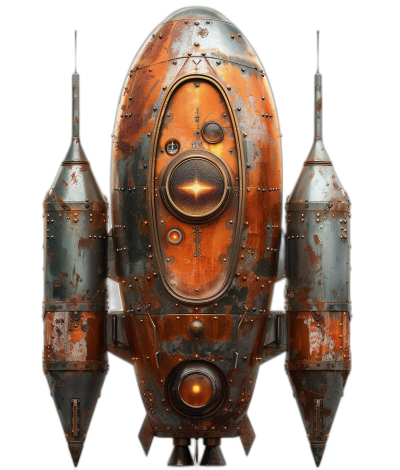 A rusty, steampunkinspired rocket ship with metallic patina and steam lines. The exterior is adorned with industrial elements like gears, pipes, and wires. It has two large wings on the sides that have small lights inside them. In front of it there's an orange ovalshaped door that leads to another spaceship behind. Isolated against black background, rendered in Octane render.