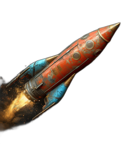 A rusted red and blue rocket flying in space, isolated on black background, 3d render, game art style, 50s poster retro artwork, concept illustration, trending pixiv fanbox, cinematic lighting, high resolution, highly detailed, digital painting, sharp focus, dark studio light, hyper realistic