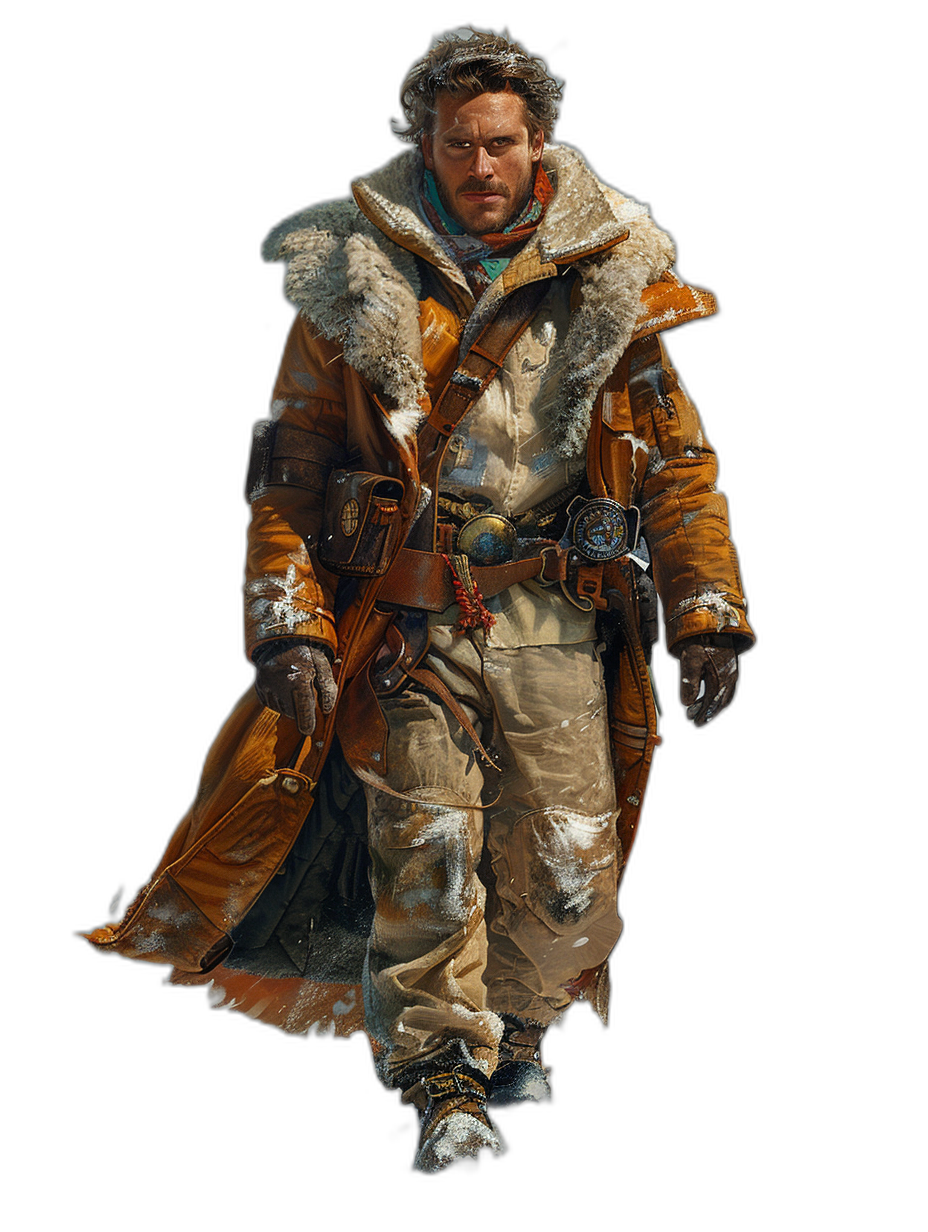 Character concept art of the main character in an adventure game set during post-apocalyptic snow days. He is dressed as an explorer wearing a long coat with fur trimmings and beige pants in a full body shot against a black background. It is a digital painting in full color in the style of ArtStation.