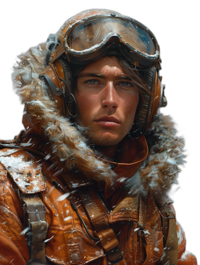 A realistic portrait of an aviator wearing orange and brown winter gear, snowing outside, black background, hyperrealistic details, photo realism, in the style of fantasy art, cinematic