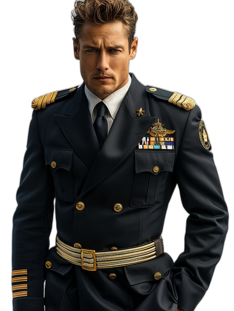 Create an ultrarealistic fullbody portrait of the actor David logographic, with short brown hair and blue eyes in his thirties dressed as Captain Rages for Jpecially_there FSGemini plane in navy uniform, white shirt and black tie, black background, colorful military medals on jacket sleeves. He stands confidently against a dark backdrop, embodying strength and authority. The lighting is soft yet focused to highlight her features. Use a Canon EOS camera at ISO 200, f/8 aperture, and shutter speed 5s.