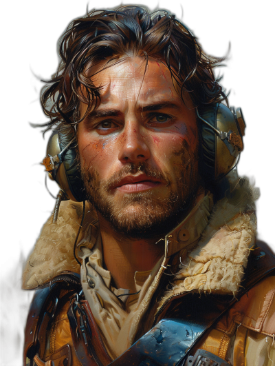 A portrait of an explorer with brown hair and stubble, wearing a worn leather jacket over his shoulders, a fur collar on his helmet, blue eyes, a scar under his left eye, a nose ring piercing, a headshot, a digital painting in the style of ArtStation.