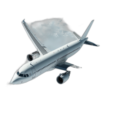 3D rendering of a white airplane flying through the air, on a black background, from a low angle shot showing the side view, with smoke coming out from behind the engine, in an ultra realistic style.