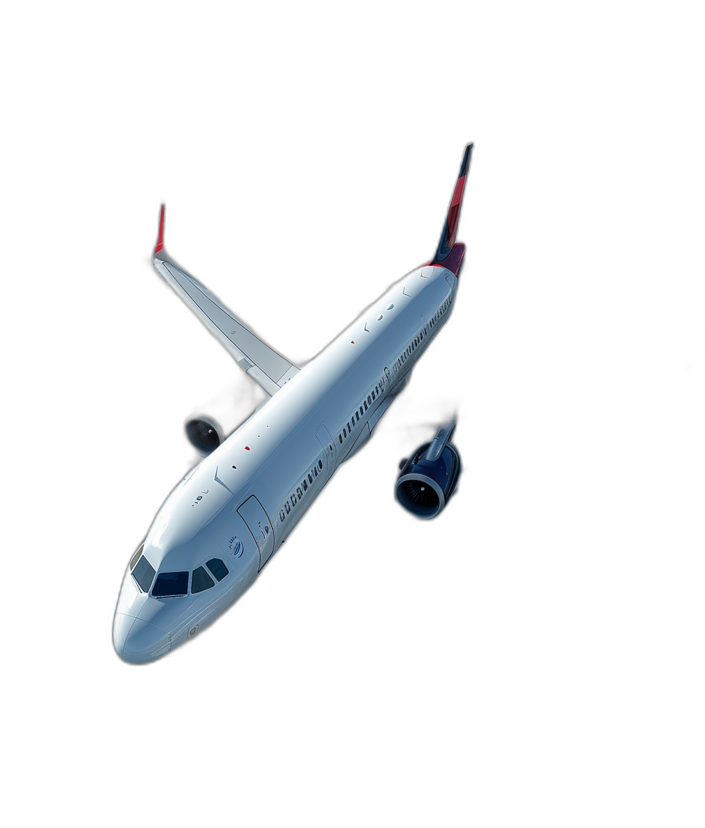 3d render of white and red commercial airplane flying on black background, cartoon style, low angle shot, minimalistic design, high resolution photography, insanely detailed, fine details, isolated plain, stock photo quality