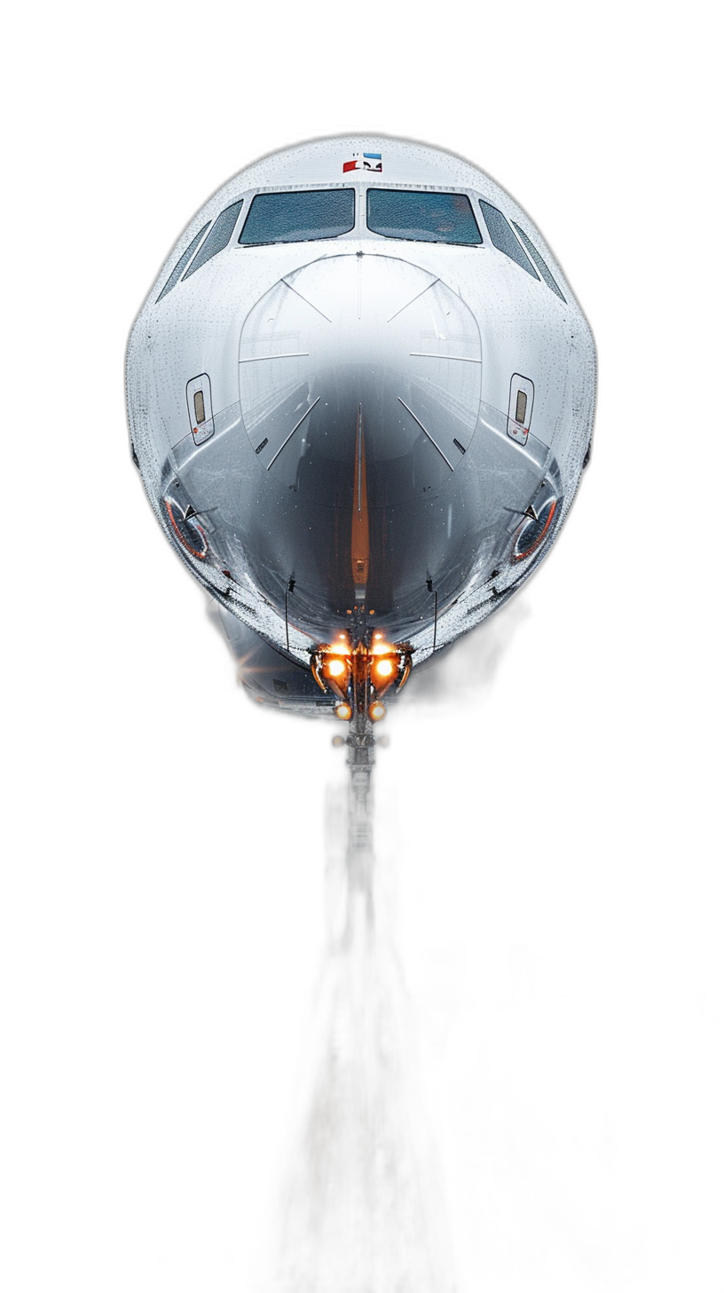 Low angle shot of the nose and engine on a black background of an airplane, a white jet with lights on, looking down from above in a photorealistic style, captured with a Nikon D850 camera.