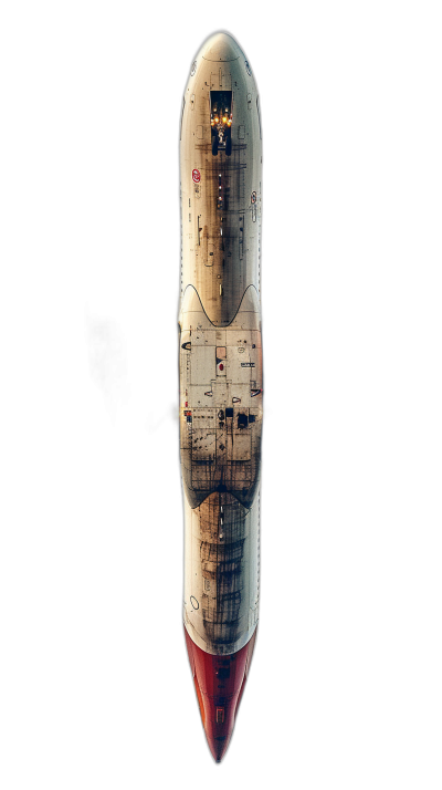 A topdown view of an ultrarealistic, detailed photograph of the entire surface area of a small rocket ship. The background is black to highlight and emphasize details on its white body with intricate textures and design elements. It has visible wood paneling along parts of it's side. There’s one large red light at the bottom that illuminates from within. In a spaceport environment.