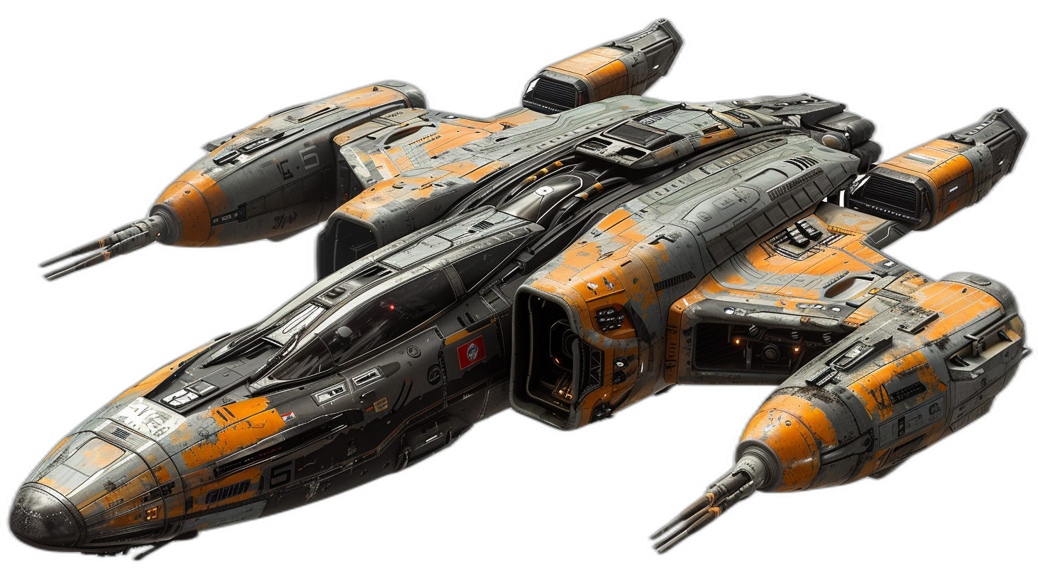 3D concept art of a spaceship with a grey and orange paint scheme. A hard surface model with low detail on a black background, in the style of hard edges and sharp edges. Space pirate inspired style, star wars inspired.