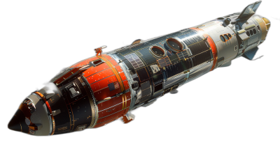 Top view of detailed concept art of an old Soviet space rocket, 3D model, on a black background, with a red and orange color scheme, rendered in a photorealistic, high resolution, hyper realistic style.