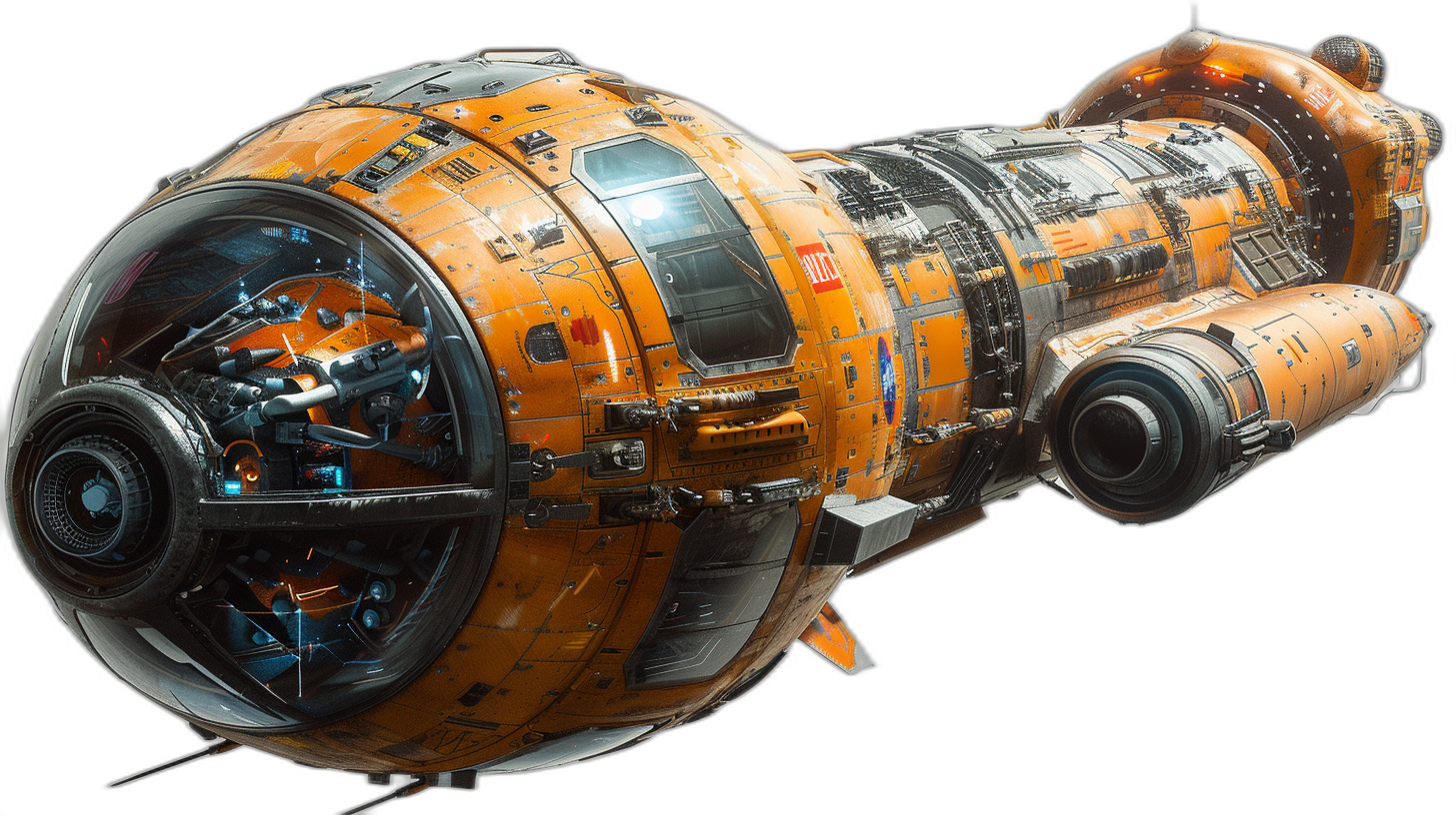 Vividly detailed concept art of an orange and black space ship, spaceship with large engine at the back, by Michael Bay, intricate details, on pure solid background, hyper realistic, cinematic, sharp focus, high resolution