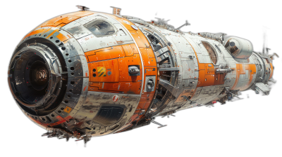 A detailed spaceship with an orange and white color scheme, on black background, by [Craig Mullins](https://goo.gl/search?artist%20Craig%20Mullins), featured in [Alexander Jansson](https://goo.gl/search?artist%20Alexander%20Jansson)'s art style, scifi concept design, industrial materials, space exploration theme, high resolution, 3D rendering, detailed closeup view of the exterior.