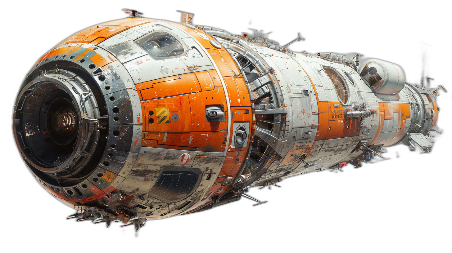 A detailed spaceship with an orange and white color scheme, on black background, by [Craig Mullins](https://goo.gl/search?artist%20Craig%20Mullins), featured in [Alexander Jansson](https://goo.gl/search?artist%20Alexander%20Jansson)’s art style, scifi concept design, industrial materials, space exploration theme, high resolution, 3D rendering, detailed closeup view of the exterior.