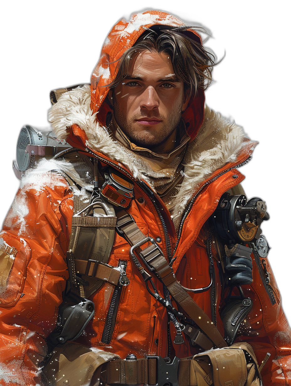 character concept art of an explorer in arctic , male with brown hair and short beard, wearing an orange parka in the style of hyper realistic