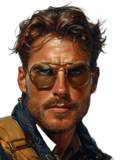 A portrait of an attractive young man with messy hair and stubble wearing aviator glasses, golden hues in the style of [Greg Rutkowski](https://goo.gl/search?artist%20Greg%20Rutkowski) and in the style of [Frank Frazetta](https://goo.gl/search?artist%20Frank%20Frazetta)