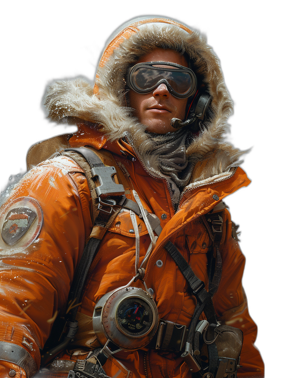 3/4 portrait view of an explorer wearing orange arctic jacket with hood and fur, goggles on head and big compass around his neck, black background, hyper realistic photography