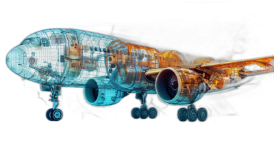 3d wireframe of an airplane, high resolution, highly detailed, black background , bright blue and orange colors, oil painting style