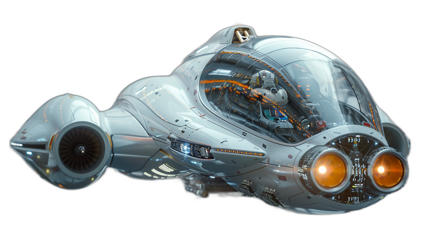 A futuristic space ship, with two large jet engines on the sides and an pilot inside wearing helmet and glassed in window of cockpit, white color body, hyper realistic, black background, octane render, 3d art by Pixar , studio light,