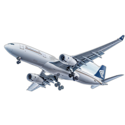 A340, white and blue livery, flying in black background, vector art, isometric view