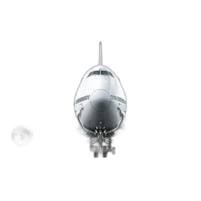 A white Boeing 747 airplane, frontal view, on a pure black background, with no light, in the hyper realistic photographic style.