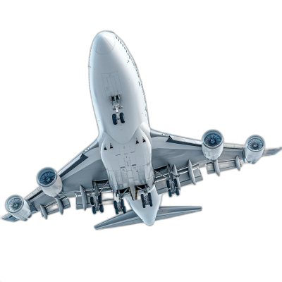 3d render of white boeing airplane with engine, bottom view, on black background,