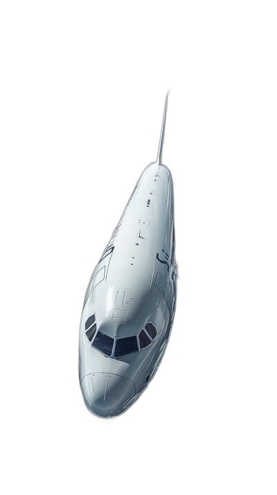 A white passenger plane in the air against a black background, rendered in a minimalist and futuristic style. The 3D rendering was created in the style of c4d and blender using an OC renderer with studio lighting to capture precise details and a fine gloss at high resolution 8k hd quality.