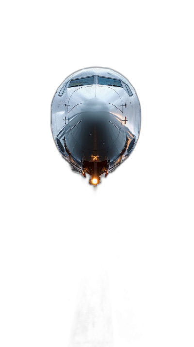 A top view of the airplane's nose, illuminated in the style of bright lights against a black background, with a fisheye photographic effect, of photo quality, with high resolution and high detail, photographed with a 35mm lens.