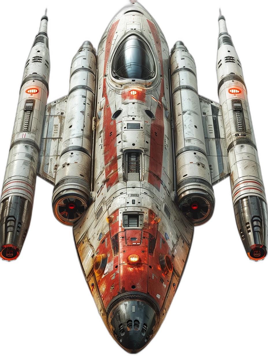 3D render of a spaceship from Star Wars, viewed slightly above and behind the craft, showing only two engines on each side, painted in red, white, and grey with metallic accents against a black background, in the hyper-realistic style.