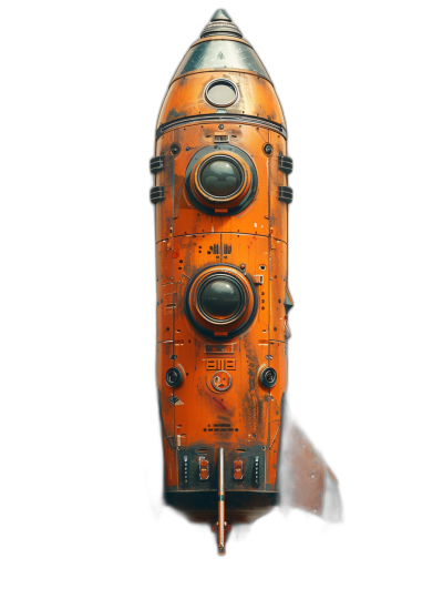 A small steampunk rocket, orange with metal details and round windows on the sides, on black background, hyper realistic oil painting, top view