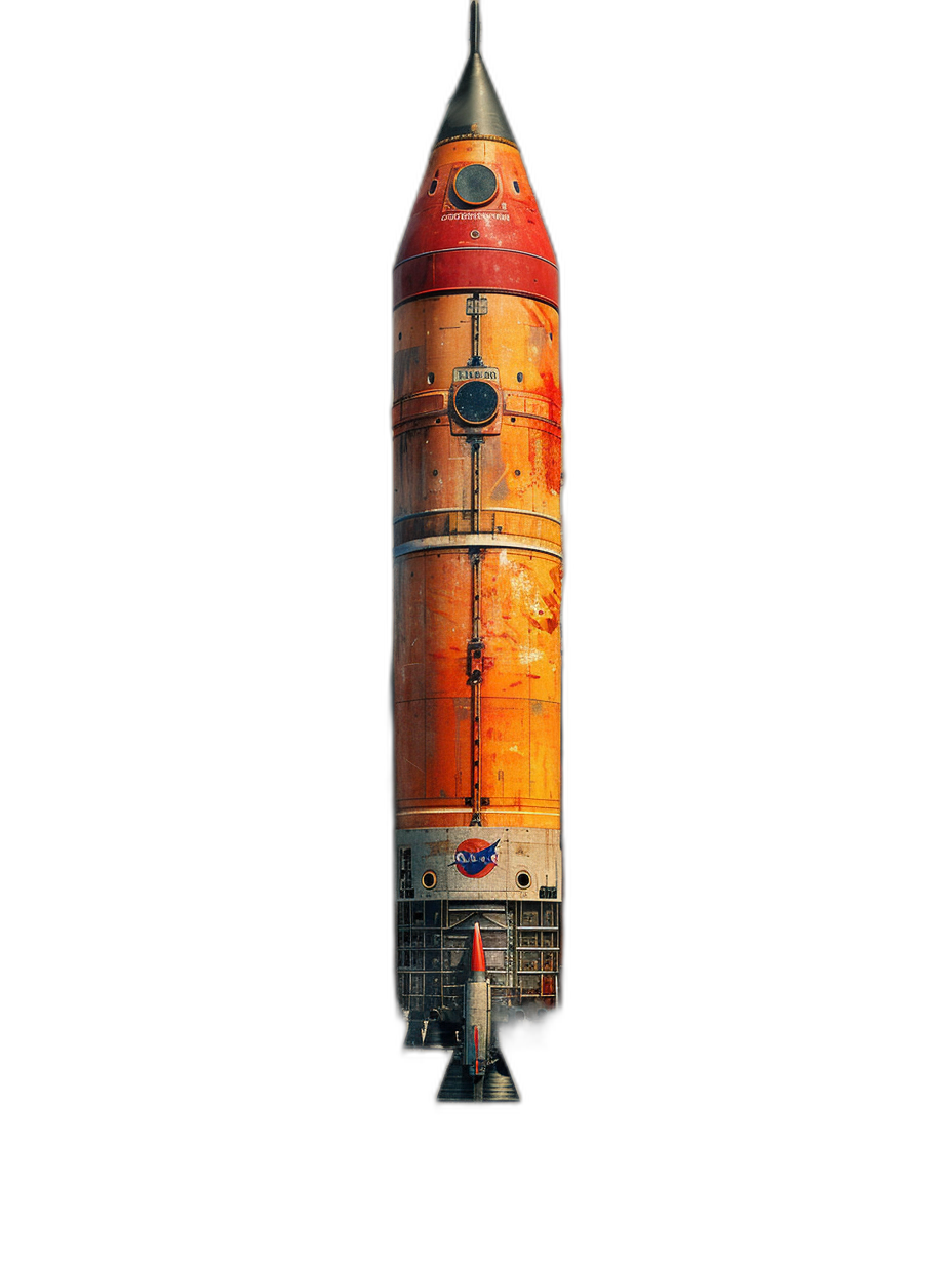 A detailed photo of an orange and red Russian rocket against a black background in the style of a vintage poster. The 3D rendering is high resolution, high quality, high detail and high definition.