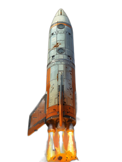 An orange and white rocket ship, on fire, with a cartoon style in the isolated black background. The rocket ship has a high resolution and professional photograph quality with cinematic lighting and HDR details.