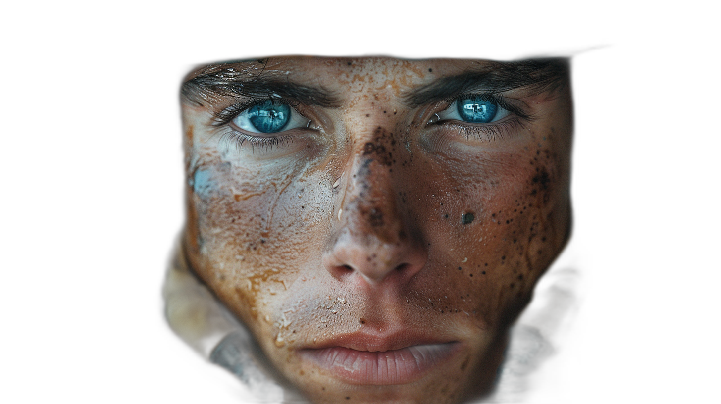 Close-up portrait of a female soldier with blue eyes and dirt on her face against a black background in the style of high-contrast, hyper-realistic photography.