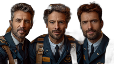 A portrait of three handsome men, aged between their mid30s to late forties, with brown hair and facial stubble wearing navy blue pilot uniforms. They have an air Pixar character style aesthetic, with soft lighting and a black background. The expressions on each man's face convey confidence and excitement as they appear ready for flight in the skies. Their attire is detailed with various patches and insignia indicating special areas or krLOUDS" that all four work together at A planting company called 'GIPPING' , hyper realistic, professional photography, HDR, high resolution, shot on IMAX Laser, cinematic, movie poster,